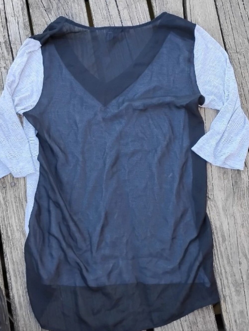 BKE Black V-Neck Layered Top with Light Gray Sleeves